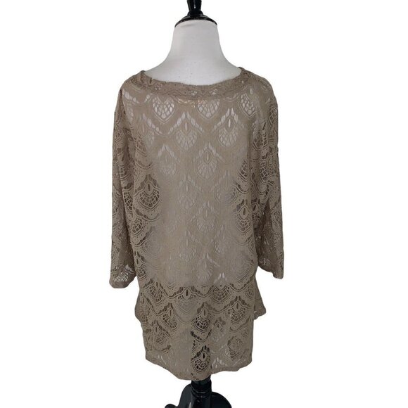 Pleasant Shade Junior Size XL Lace Mini Dress Beach Coverup Semi Sheer Tan - Picture 5 of 6